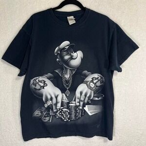 Vintage Y2K POPEYE Black and White Gangster Bling Graphic T-Shirt Size Large